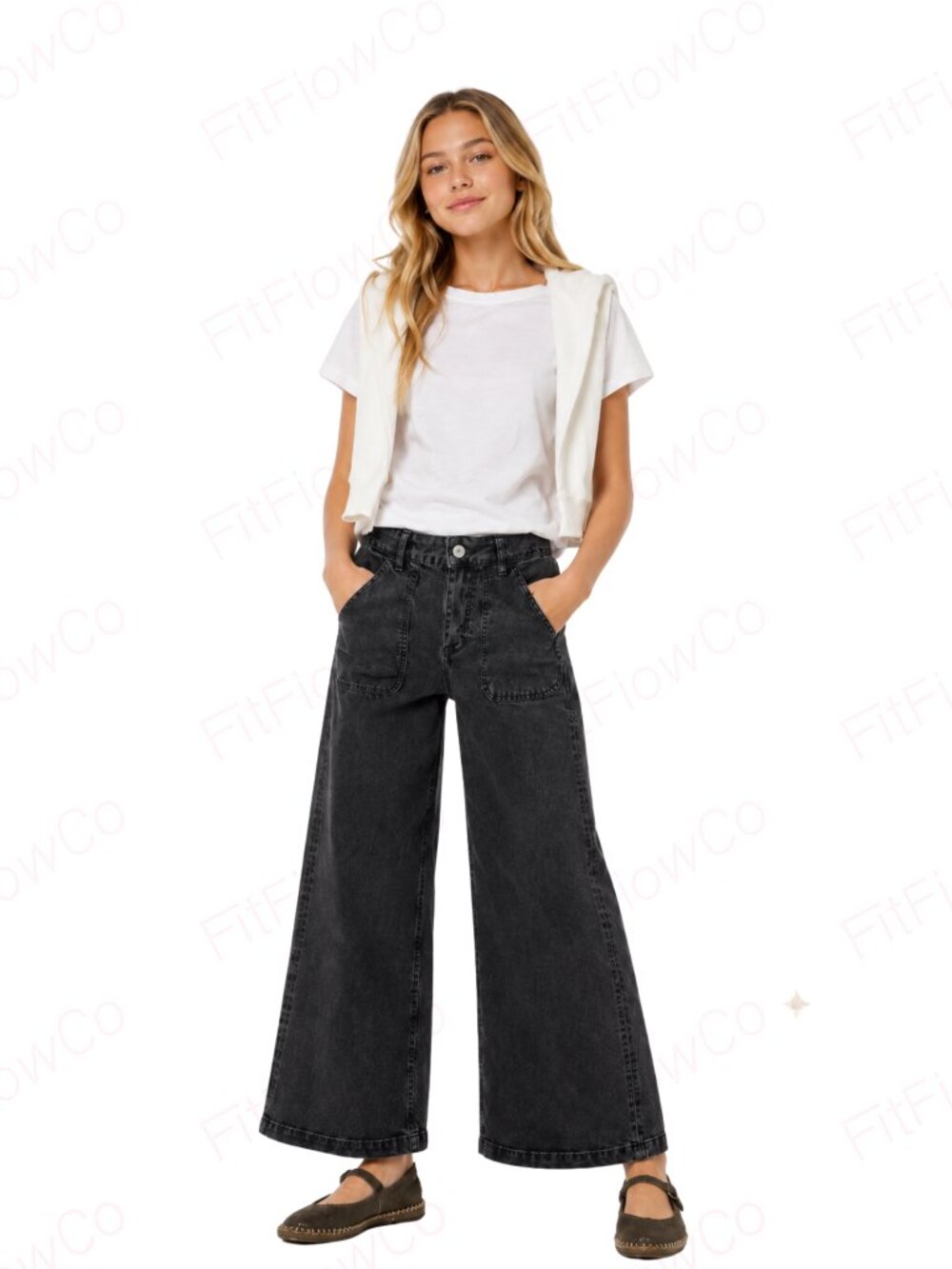MNG Mango Girl Washed Black Wide Leg Culotte Jeans XXS 152 NWT